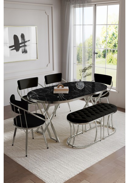 Mutfak Masa Sandalye Takımı Selenit 90*160 Oval Gümüş Benchli 6 Kişilik Mutfak Masa Takımı BENCHLİ