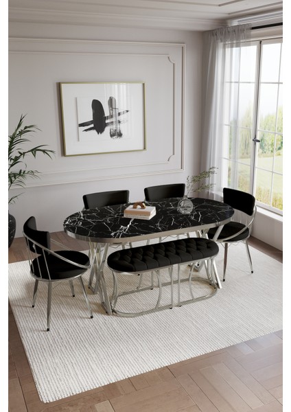 Mutfak Masa Sandalye Takımı Selenit 90*160 Oval Gümüş Benchli 6 Kişilik Mutfak Masa Takımı BENCHLİ fiyatları