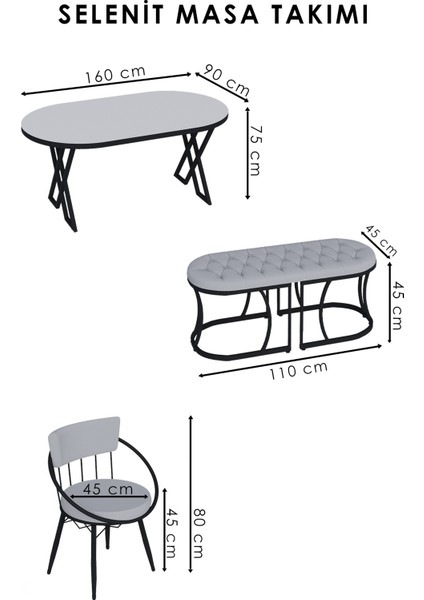 Mutfak Masa Sandalye Takımı Selenit 90*160 Oval Gümüş Benchli 6 Kişilik Mutfak Masa Takımı BENCHLİ
