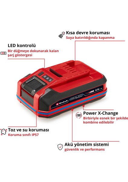 Orijinal Einhell 18 V 4.0 Ah SEALED Power X-Change PLUS (18 V Akü, Su ve Toz Koruması, IP57 Koruma Sınıfı,Tüm PXC cihazları için evrensel kullanım, Şarj cihazı dahil değil) - 4511627