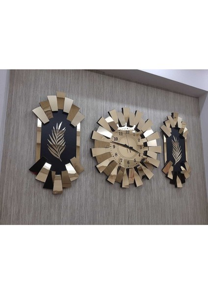 3'lü Gold Aynalı 3D Piyano ve Palmiye Desenli Duvar Saati, Türk Rakamli