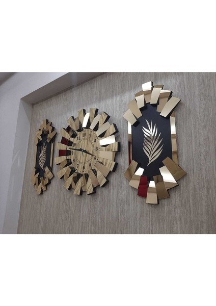3'lü Gold Aynalı 3D Piyano ve Palmiye Desenli Duvar Saati, Türk Rakamli fiyatları