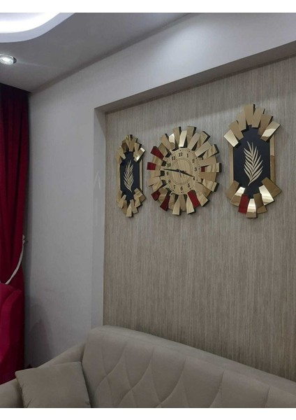 3'lü Gold Aynalı 3D Piyano ve Palmiye Desenli Duvar Saati, Türk Rakamli modelleri