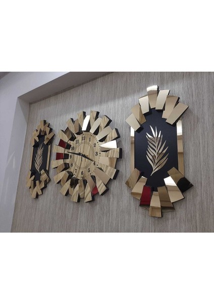 3'lü Gold Aynalı 3D Piyano ve Palmiye Desenli Duvar Saati, Türk Rakamli indirimleri