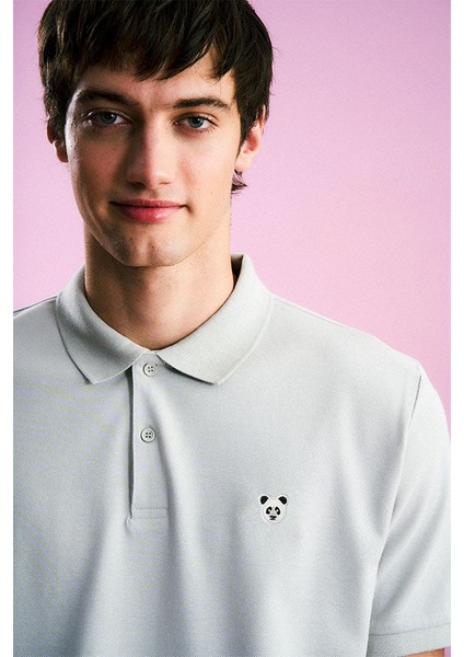 Panda Polo Yaka T-Shirt - Gri
