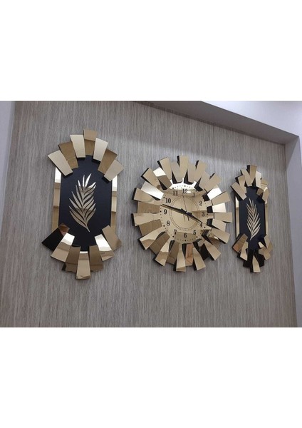 3'lü Gold Aynalı 3D Piyano ve Palmiye Desenli Duvar Saati, Türk Rakamli