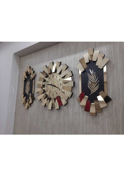 3'lü Gold Aynalı 3D Piyano ve Palmiye Desenli Duvar Saati, Türk Rakamli