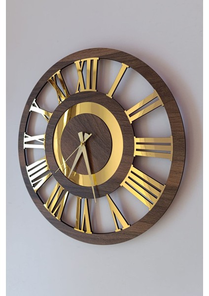 50 cm Ahşap ve Altın Renkli Romen Rakamlı El Yapımı Büyük Boy Duvar Saati