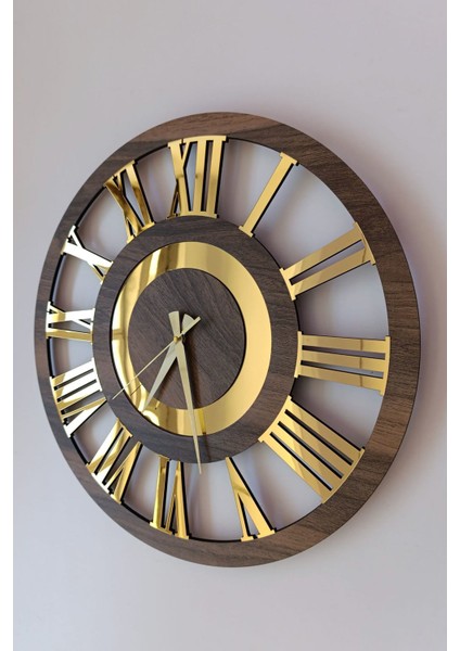 50 cm Ahşap ve Altın Renkli Romen Rakamlı El Yapımı Büyük Boy Duvar Saati modelleri