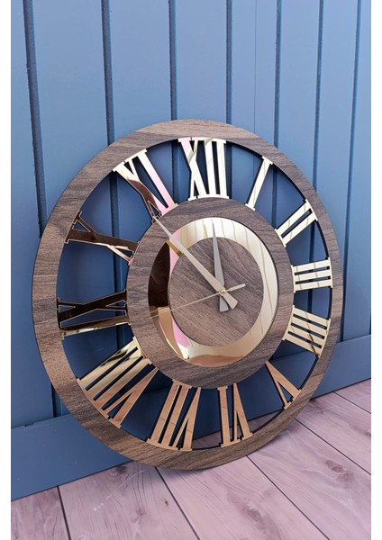 50 cm Ahşap ve Altın Renkli Romen Rakamlı El Yapımı Büyük Boy Duvar Saati fırsatları