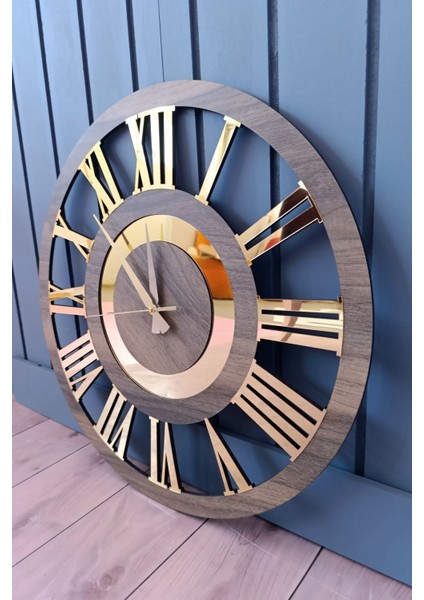 50 cm Ahşap ve Altın Renkli Romen Rakamlı El Yapımı Büyük Boy Duvar Saati indirimleri