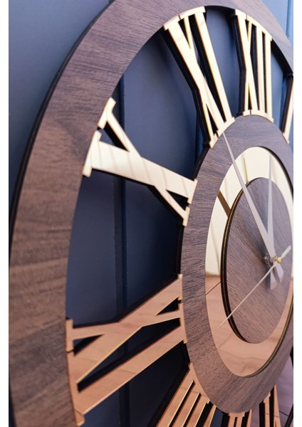 50 cm Ahşap ve Altın Renkli Romen Rakamlı El Yapımı Büyük Boy Duvar Saati