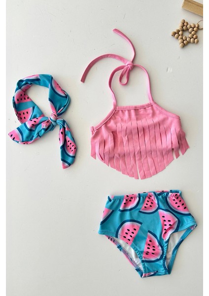 (2-8 Yaş) Karpuz Baskılı Püsküllü Kız Çocuk Mayo bikini takım - Pembe
