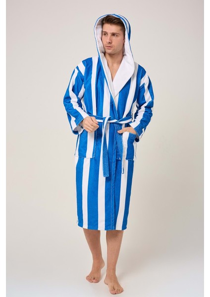 Çizgili Desenli Dijital Baskılı Kapüşonlu Bornoz Lacivert