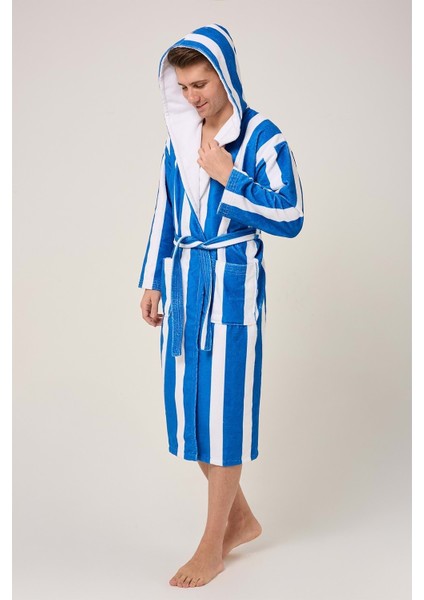 Çizgili Desenli Dijital Baskılı Kapüşonlu Bornoz Lacivert fiyatları