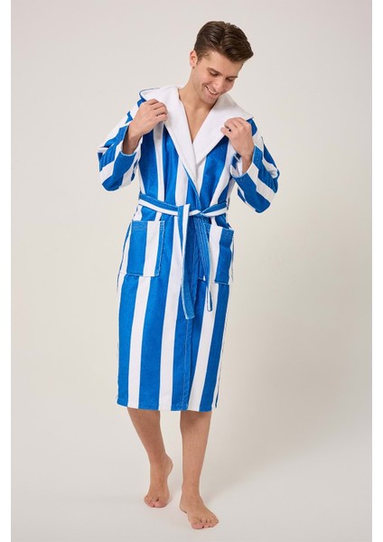 Çizgili Desenli Dijital Baskılı Kapüşonlu Bornoz Lacivert fırsatları