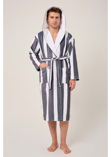 Çizgili Desenli Dijital Baskılı Kapüşonlu Bornoz Antrasit