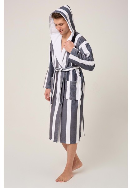 Çizgili Desenli Dijital Baskılı Kapüşonlu Bornoz Antrasit fiyatları