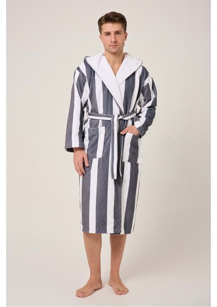 Çizgili Desenli Dijital Baskılı Kapüşonlu Bornoz Antrasit modelleri