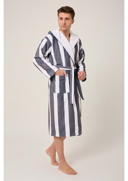 Çizgili Desenli Dijital Baskılı Kapüşonlu Bornoz Antrasit fırsatları