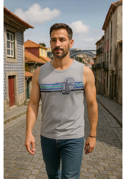 Erkek Yelkenli Baskılı %100 Pamuk Kolsuz T-Shirt