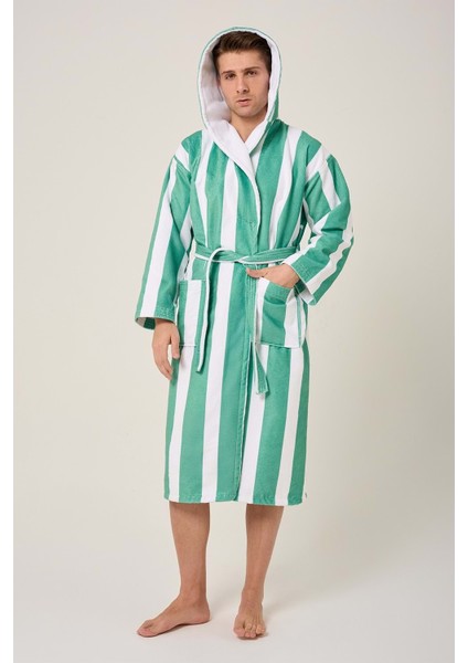 Çizgili Desenli Dijital Baskılı Kapüşonlu Bornoz Yeşil