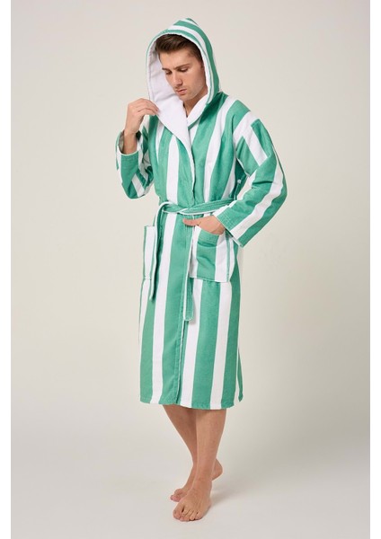 Çizgili Desenli Dijital Baskılı Kapüşonlu Bornoz Yeşil fiyatları