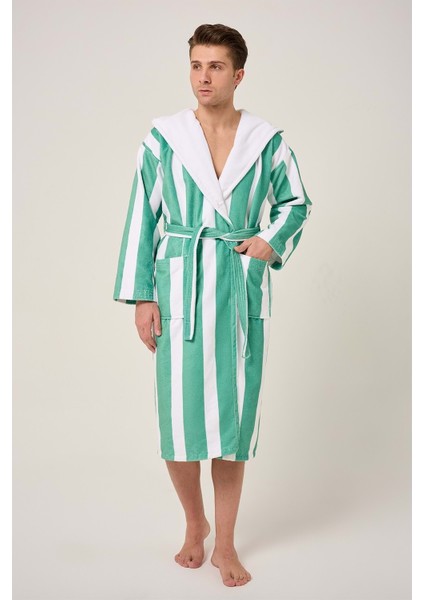 Çizgili Desenli Dijital Baskılı Kapüşonlu Bornoz Yeşil modelleri