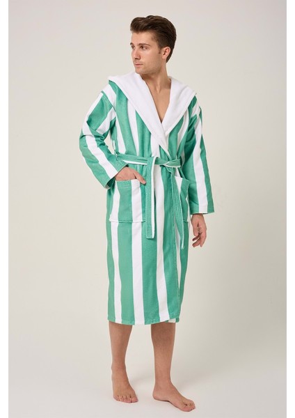 Çizgili Desenli Dijital Baskılı Kapüşonlu Bornoz Yeşil fırsatları