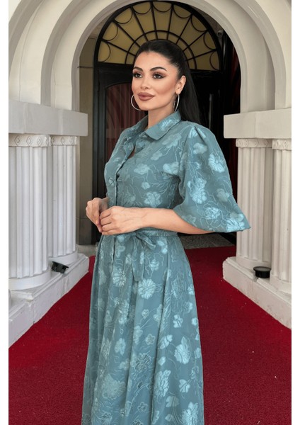 Tül Kumaş Üç Boyut Dikişli Midi Elbise - Mint Yeşili