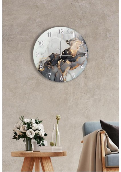 Çap 27 cm Siyah Yaldızlı Dekoratif Cam Saat, Şık ve Zarif Tasarım