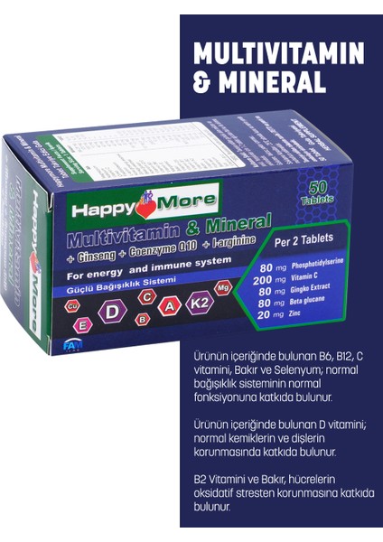 HappyMore Multivitamin ve Multimineral İçeren 50 Çentikli Tablet Takviye Edici Gıda