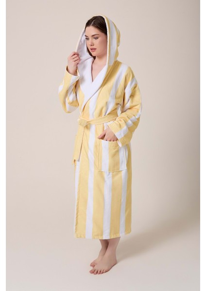 Çizgili Desenli Dijital Baskılı Kapüşonlu Bornoz Sarı fiyatları