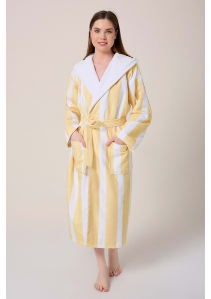 Çizgili Desenli Dijital Baskılı Kapüşonlu Bornoz Sarı modelleri