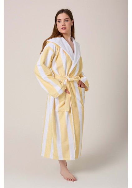 Çizgili Desenli Dijital Baskılı Kapüşonlu Bornoz Sarı fırsatları