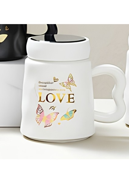 Porselen Kupa Love Üstü Ayna Kapaklı Kelebekli Beyaz 1 Adet