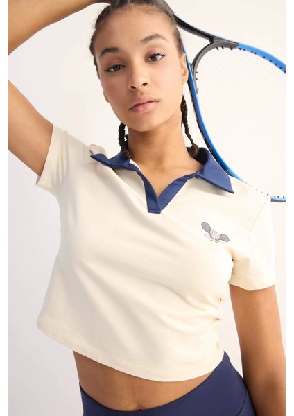 D7136 Ekru Defactofit Standart Fit Baskılı Sporcu Kısa Kollu Polo Tişört