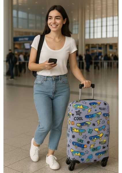 Esnek Likralı Yıkanabilir Dayanıklı Valiz Kılıfı Koruyucu Büyük Orta Küçük Boy - Skateboard Desenli