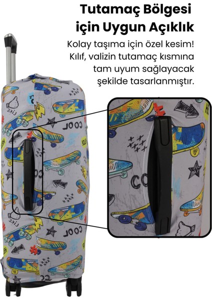 Esnek Likralı Yıkanabilir Dayanıklı Valiz Kılıfı Koruyucu Büyük Orta Küçük Boy - Skateboard Desenli modelleri