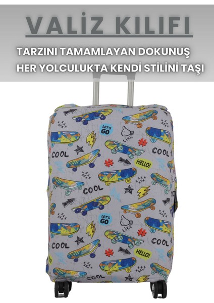 Esnek Likralı Yıkanabilir Dayanıklı Valiz Kılıfı Koruyucu Büyük Orta Küçük Boy - Skateboard Desenli indirimleri