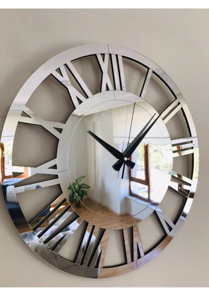 Modern ve Şık Tasarımlı Mdf Üzeri Aynalı Gümüş Renk Duvar Saati