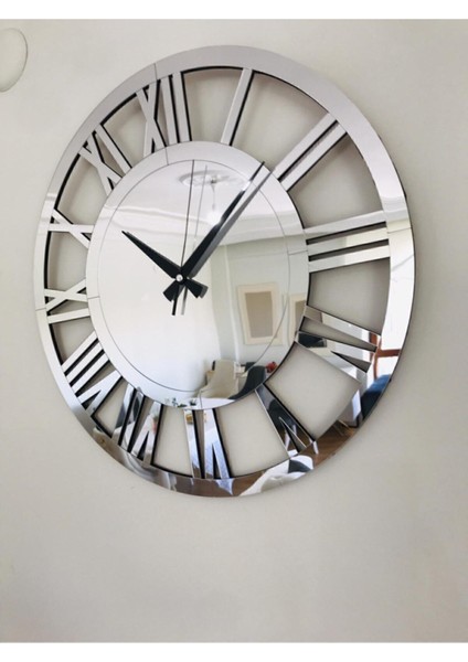 Modern ve Şık Tasarımlı Mdf Üzeri Aynalı Gümüş Renk Duvar Saati