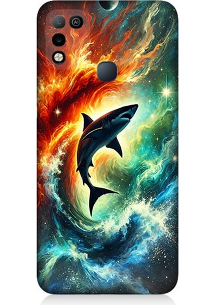 Infinix Hot 11 Play Uyumlu Ateşle Dans Eden Köpekbalığı Desenli Silikon Kılıf
