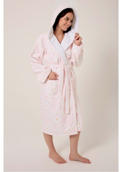 Daisy Desenli Dijital Baskılı Kapüşonlu Bornoz