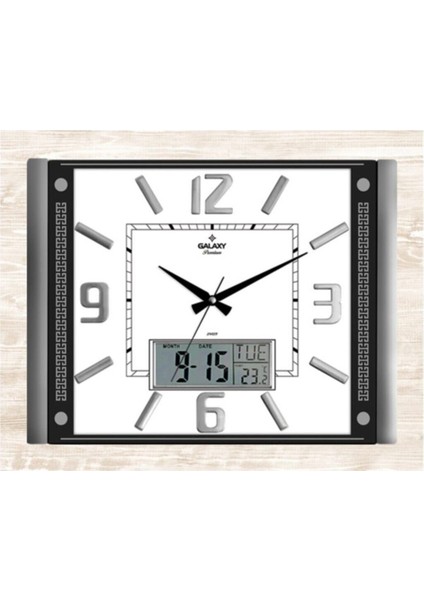 Şık ve Fonksiyonel Duvar Saati, Termometre ve Takvim Özellikli, Gümüş Renkli