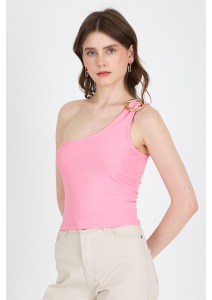 Pembe Toka Detaylı Tek Omuz Bluz 1649