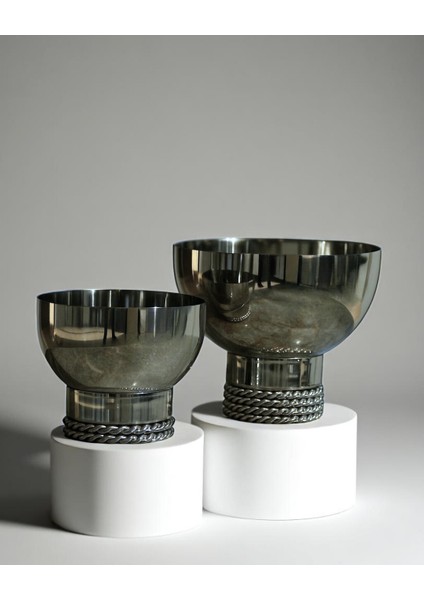 Zincir Tabanlı Metal Dekoratif Kase 2'li Set – Silver - Paslanmaz Çelik