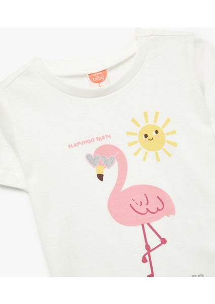 Kısa Kollu Bisiklet Yaka Pamuklu Flamingo Baskılı Tişört modelleri