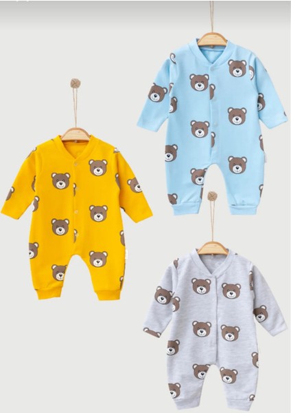 Sevimli Ayıcık Baskılı3'lü Set Unisex Bebek Tulum