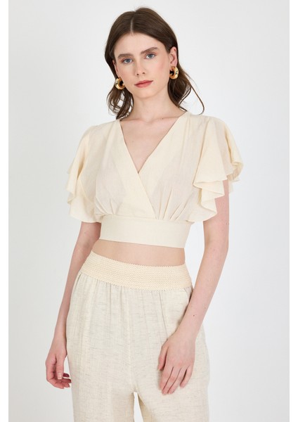 Natural Keten Görünümlü %100 Pamuk Fırfır Kol Detaylı Crop Bluz 6942